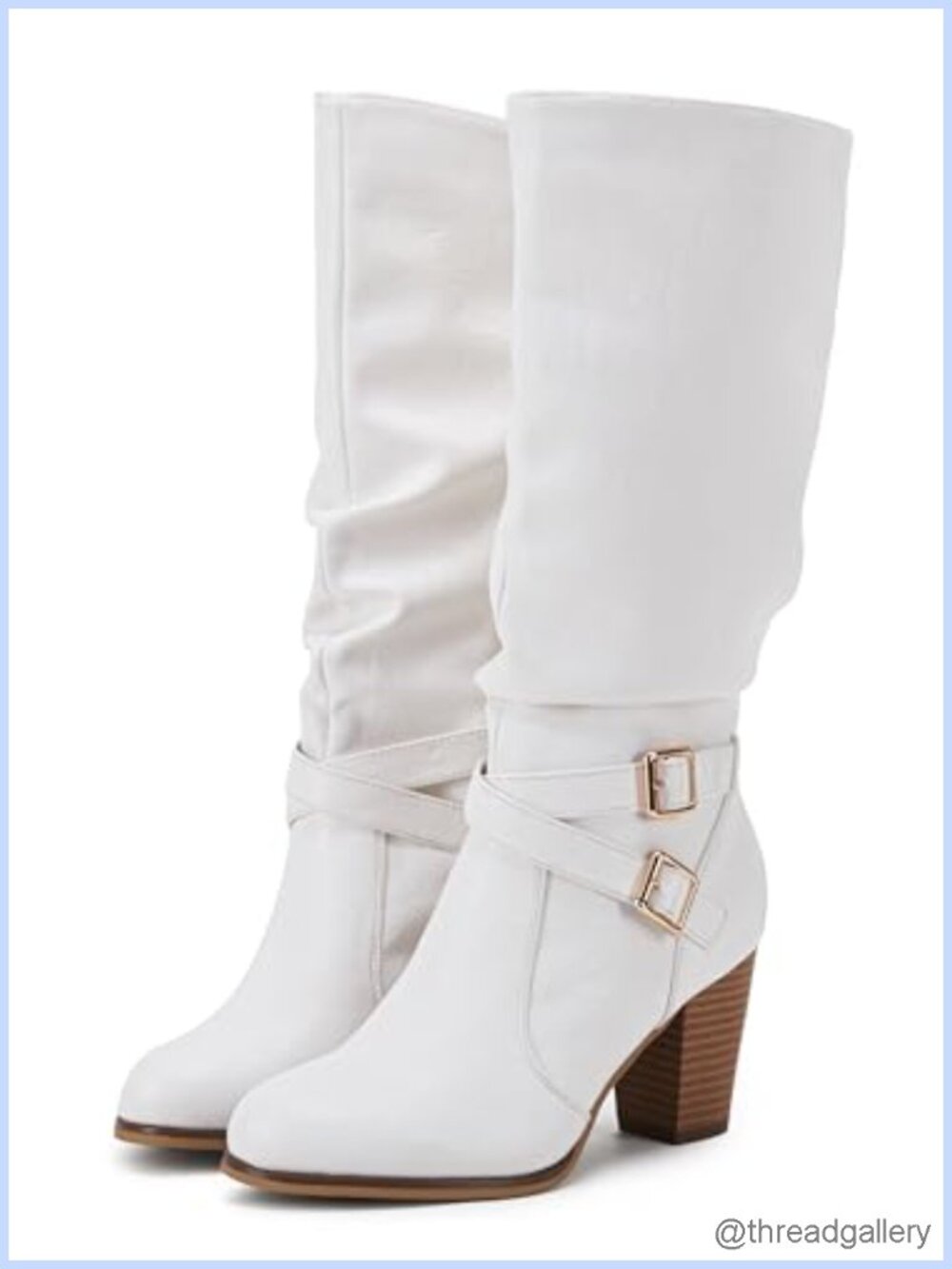 Faux Leather Wide Calf Knee High Boots Chunky Heel Side Zip